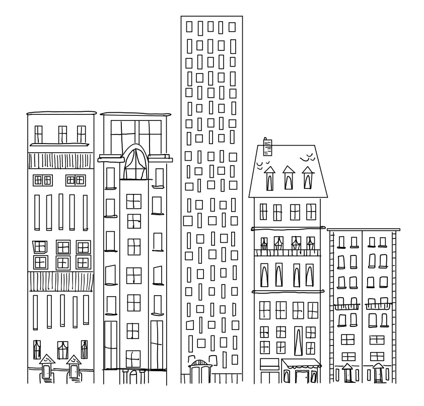 Drawing of five skyscrapers that resemble a bar chart.
